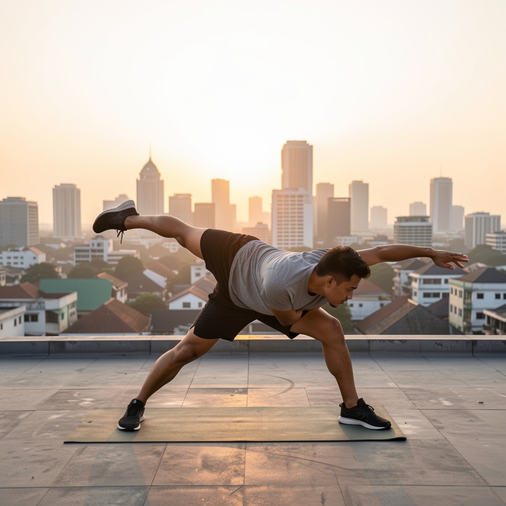 Indonesian man in athletic wear performing morning stretches on a Jakarta rooftop at sunrise with city skyline visible
