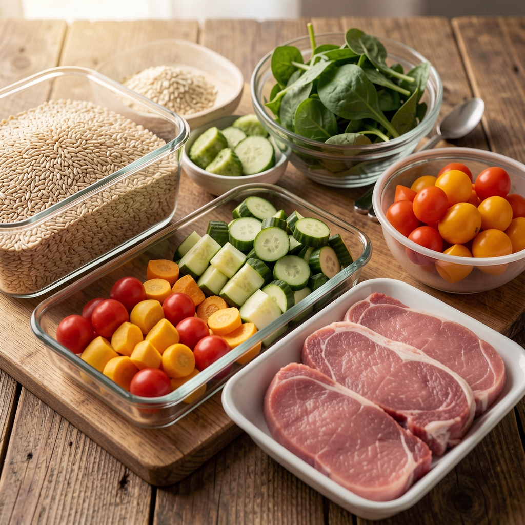 Close-up of a well-organised meal prep layout with whole grains, vegetables, and lean protein portions on a wooden table