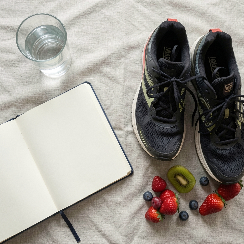 Overhead flat-lay of a structured morning routine layout including a glass of water, open journal, running shoes, and fresh fruit on a linen surface