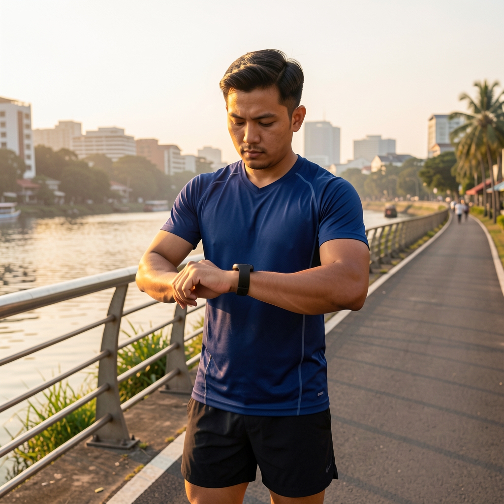 Man in outdoor running gear pausing on a Jakarta riverside trail at golden hour, checking a fitness tracker on his wrist