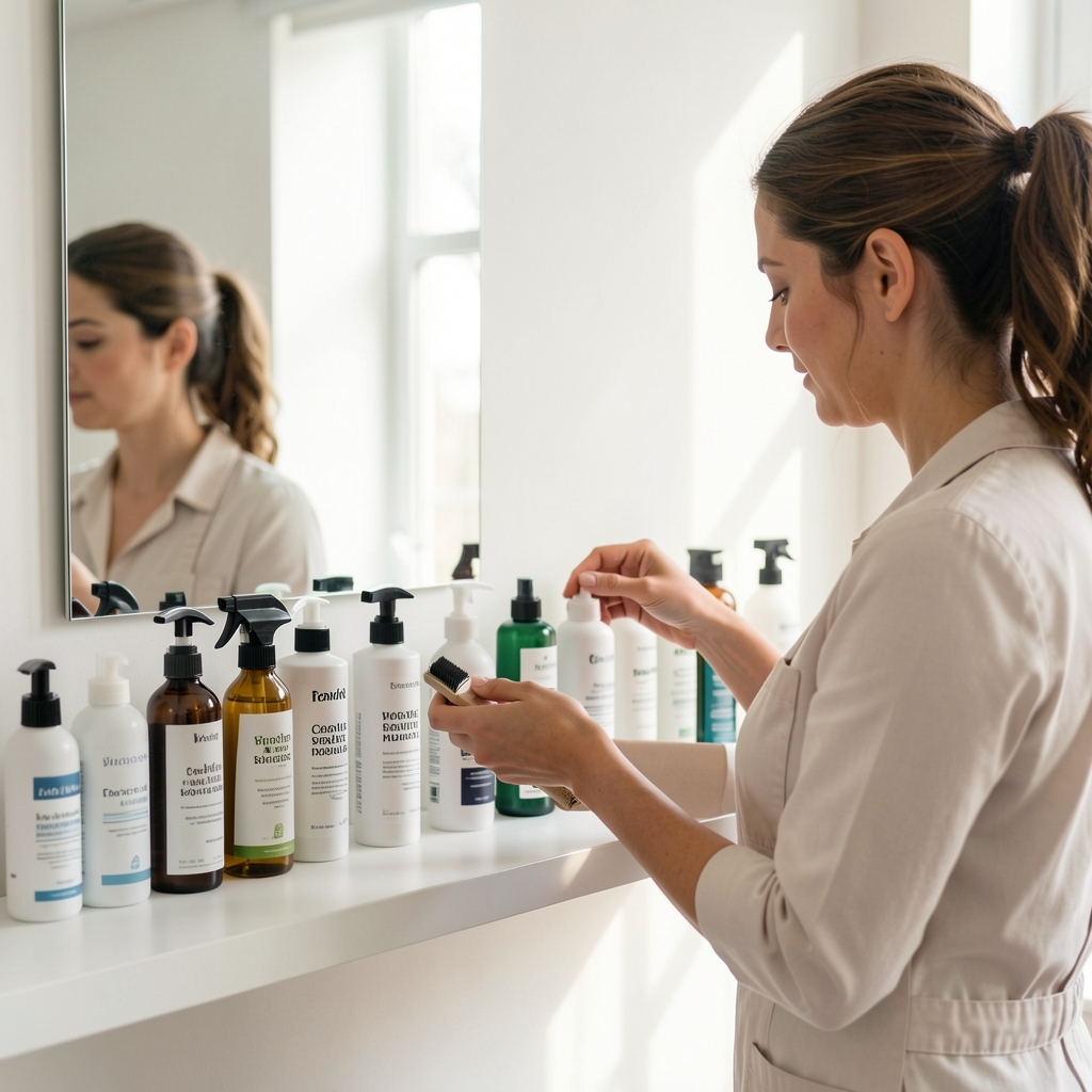Personal care specialist arranging grooming products on a clean white shelf with soft natural light and a mirror reflection in the background