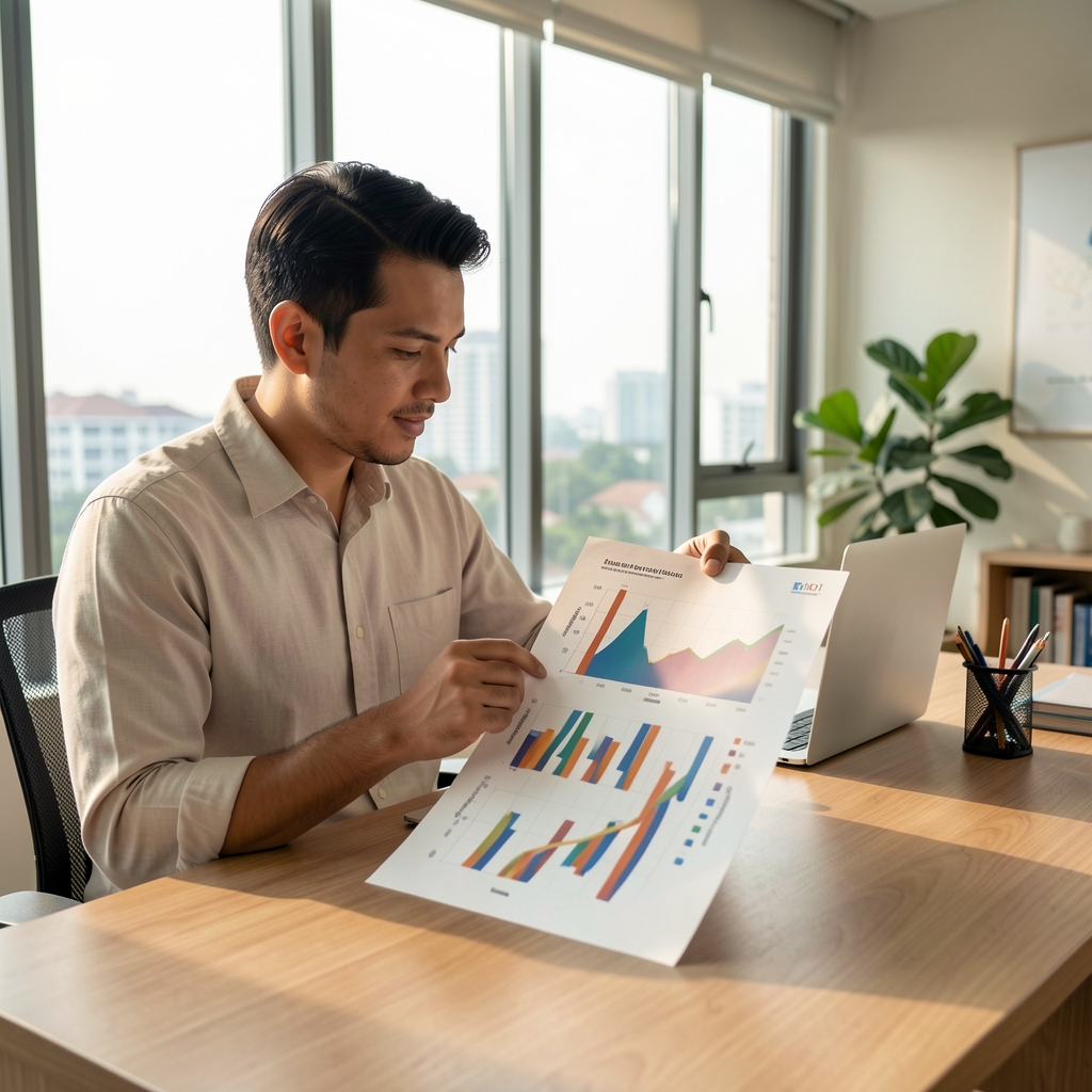 Man reviewing a printed progress chart at a clean home office desk with natural light streaming through large windows in Jakarta