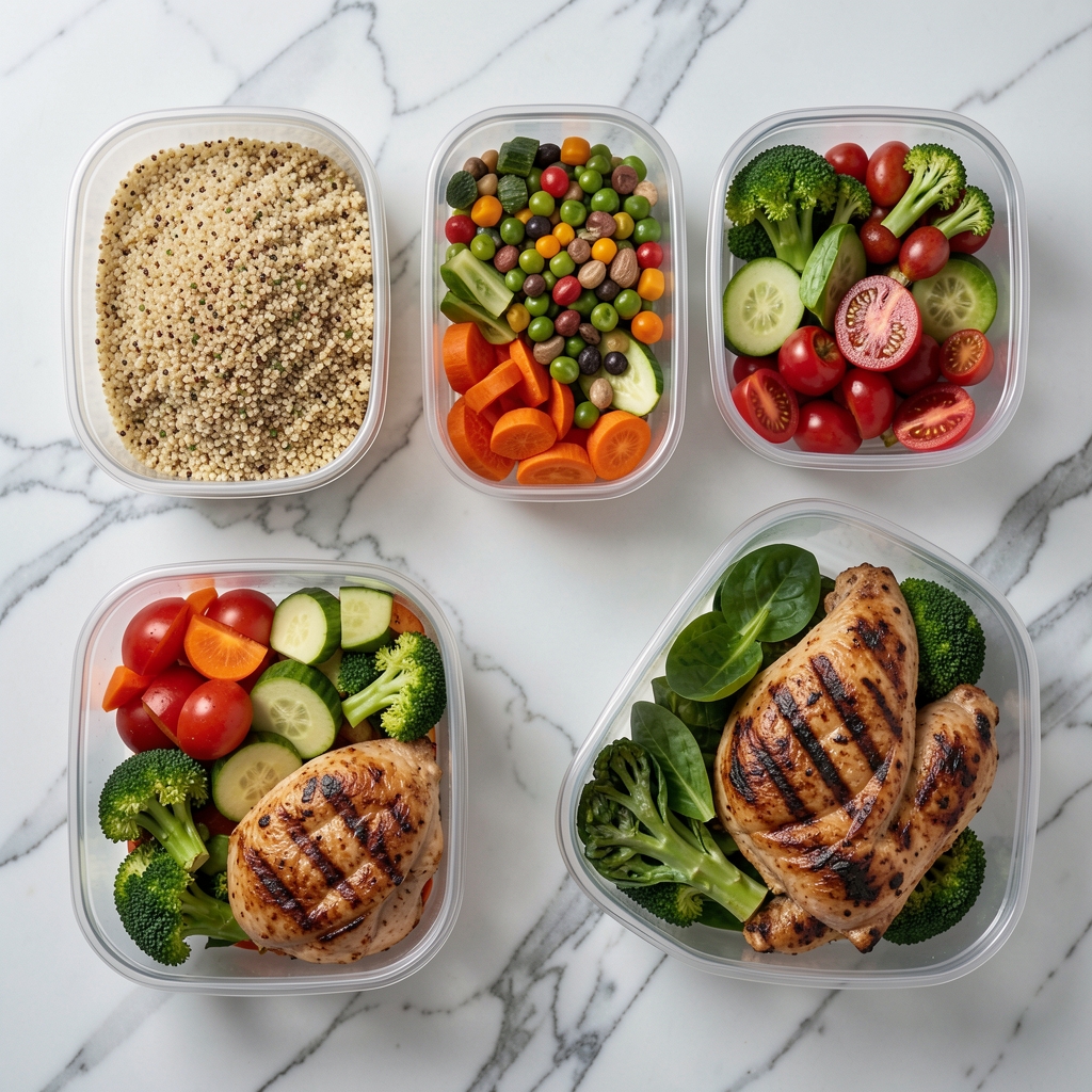 Flat-lay of balanced meal prep containers with colourful whole-food ingredients, quinoa, vegetables and grilled protein on a marble surface