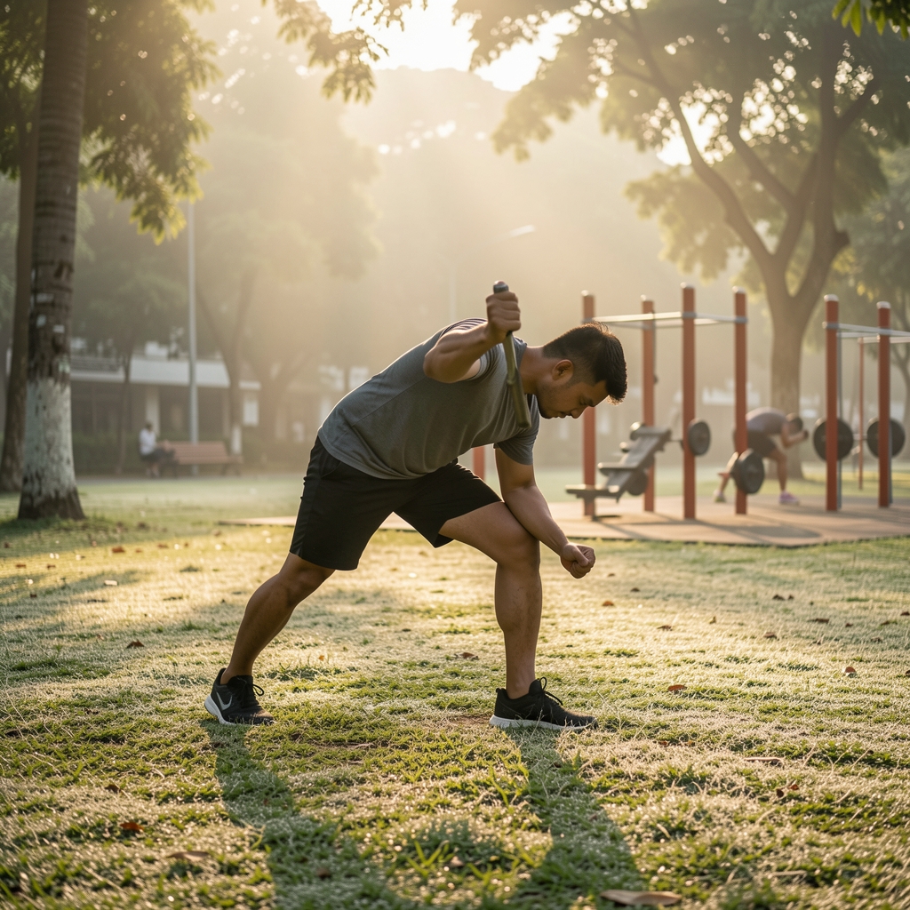 Man performing outdoor functional fitness drills in a Jakarta park at early morning with dew still on the grass and warm golden light